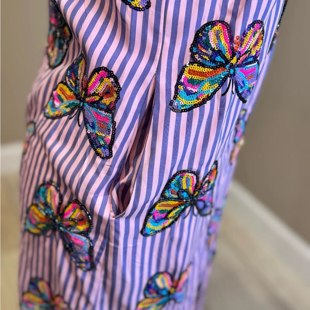 New! QUEEN OF SPARKLES Striped Sequin Butterfly & Bee Midi Dress